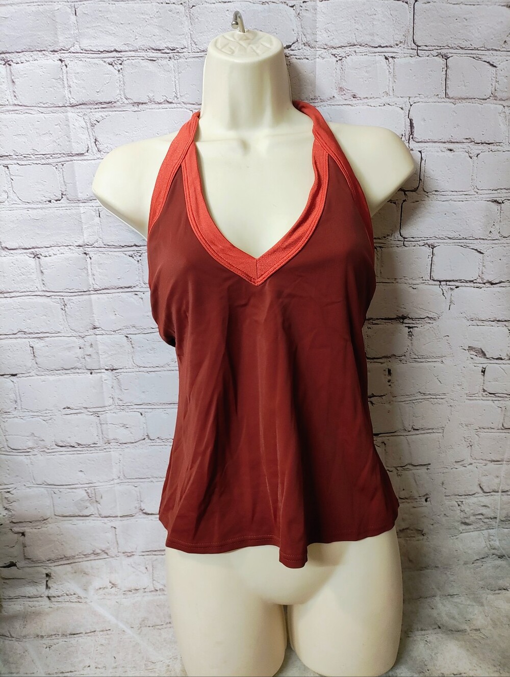 Victoria's Secret 70's Style Orange Trim Red Swim Top V Neck Med